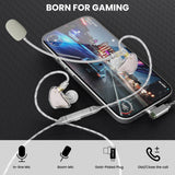 Transparent in-ear gaming headphones with a boom microphone and gold-plated plug, shown draped over a smartphone on a dark textured background with the text 'BORN FOR GAMING' and feature icons below.