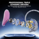 Promotional graphic for Bmader professional triple dynamic drivers, showing a pink in-ear hearing device and a transparent earpiece with layered internal driver components floating above a blue circular platform on a dark gradient background with text.