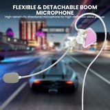A flexible and detachable boom microphone with a pink and clear earpiece, shown against a blurred city street background with a car and promotional text reading 'FLEXIBLE & DETACHABLE BOOM MICROPHONE'.